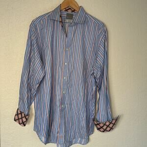 Thomas Dean Flip Cuff Button Up Shirt Mens XL Blue Orange Stripe Florida Gators